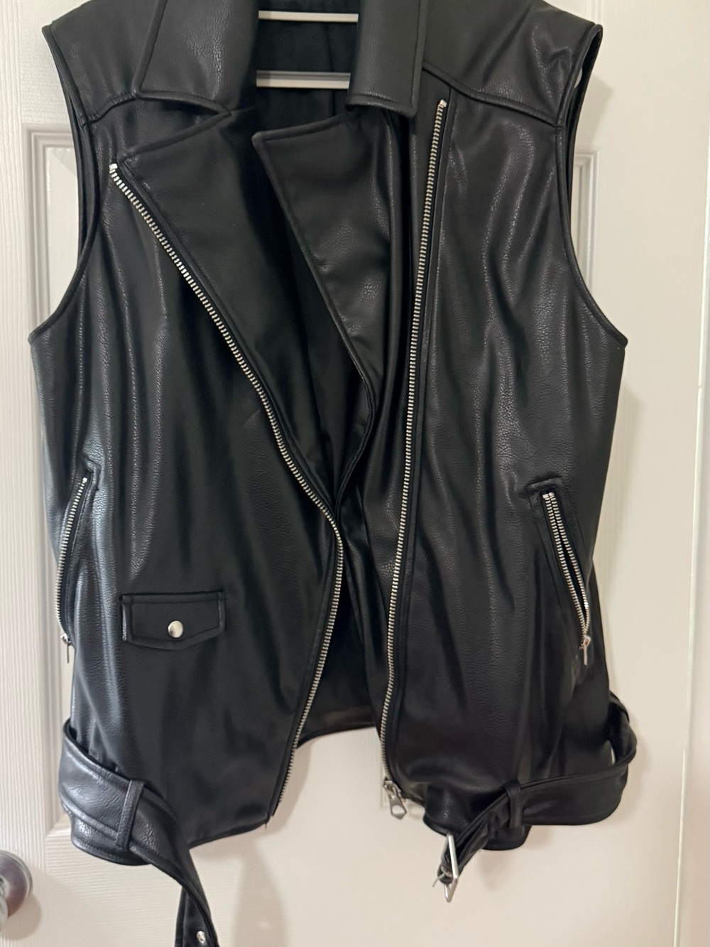 Oversized Black Faux Leather Biker Vest - Unbranded